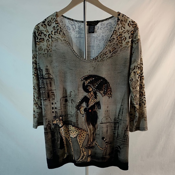 Valentina Tops - Valentina Artsy Poly Leopard and Lady & Umbrella with Rhinestones Vintage Size L